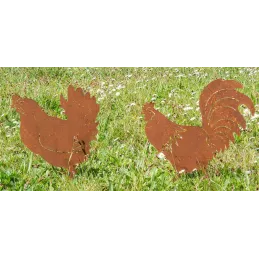 Décors de jardin en métal poule + coq (lot de 2)