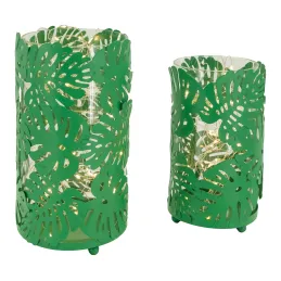 Photophores ronds verts feuilles tropicales métal (Lot de 2)