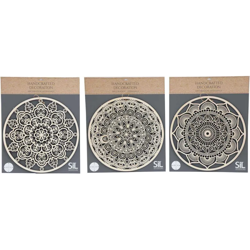 Décoration murale en bois sculpté ronde Mandala 40 cm (Lot de 3)