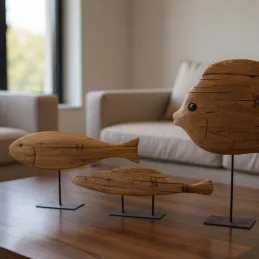 Poisson sur pied en bois recyclé et métal