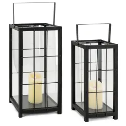 Lanterne en pin et métal noires (Lot de 2)
