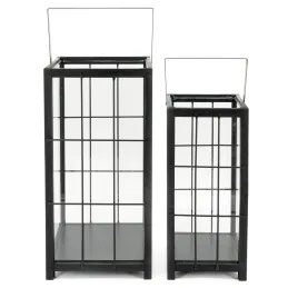 Lanterne en pin et métal noires (Lot de 2)