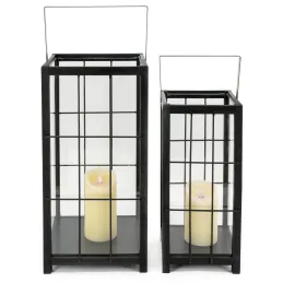 Lanterne en pin et métal noires (Lot de 2)