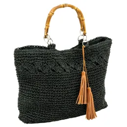 Sac tressé noir avec anse en bambou