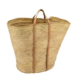 Maxi cabas en palmier avec anses en cuir