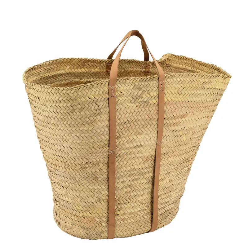 Maxi cabas en palmier avec anses en cuir