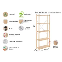 Etagère Natura 5 tablettes et montants à lattes