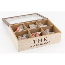 Boîte à thé en bois naturel avec décor montagne et couvercle en verre