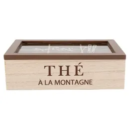 Boîte à thé en bois naturel avec décor montagne et couvercle en verre