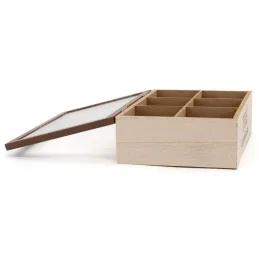Boîte à thé en bois naturel avec décor montagne et couvercle en verre