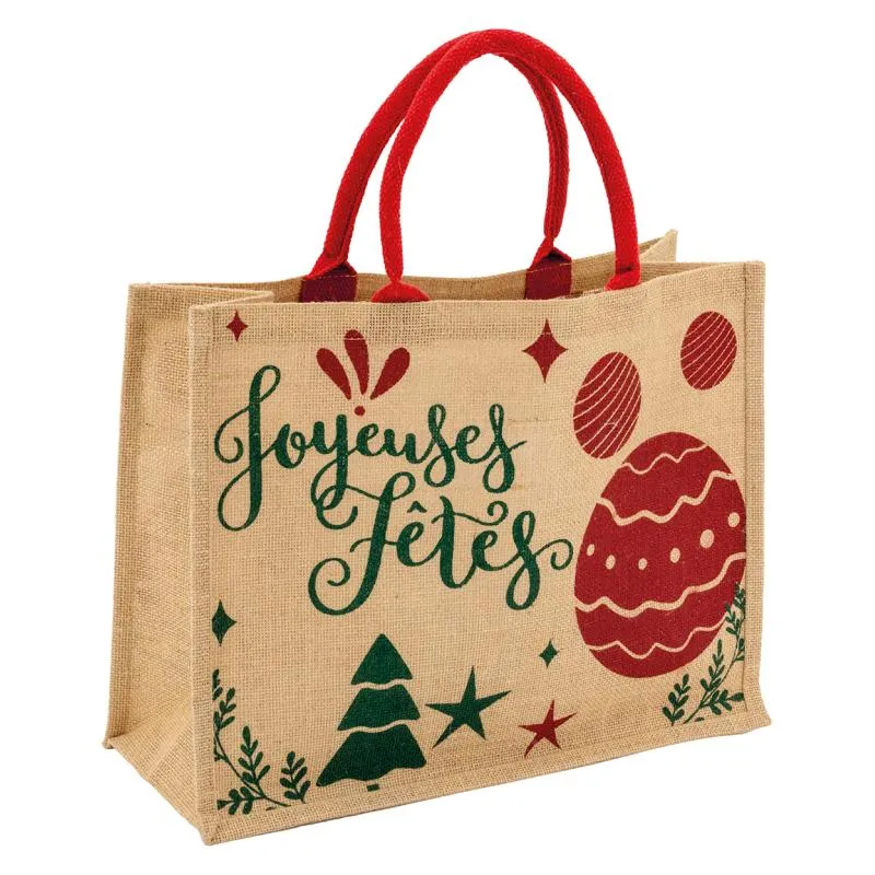 Sac cadeau en jute "Joyeuses Fêtes" avec anses rouges