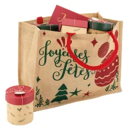 Sac cadeau en jute "Joyeuses Fêtes" avec anses rouges