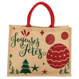 Sac cadeau en jute "Joyeuses Fêtes" avec anses rouges