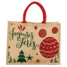 Sac cadeau en jute "Joyeuses Fêtes" avec anses rouges