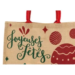 Sac cadeau en jute "Joyeuses Fêtes" avec anses rouges