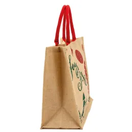 Sac cadeau en jute "Joyeuses Fêtes" avec anses rouges