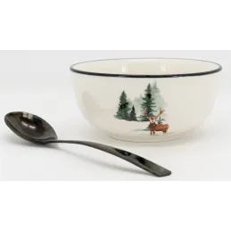 Vaisselle en porcelaine décor Cerf et Sapin, style fait main