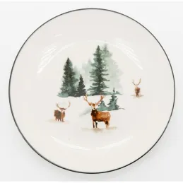 Vaisselle en porcelaine décor Cerf et Sapin, style fait main