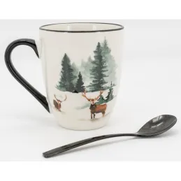 Vaisselle en porcelaine décor Cerf et Sapin, style fait main