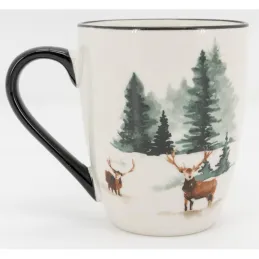 Vaisselle en porcelaine décor Cerf et Sapin, style fait main