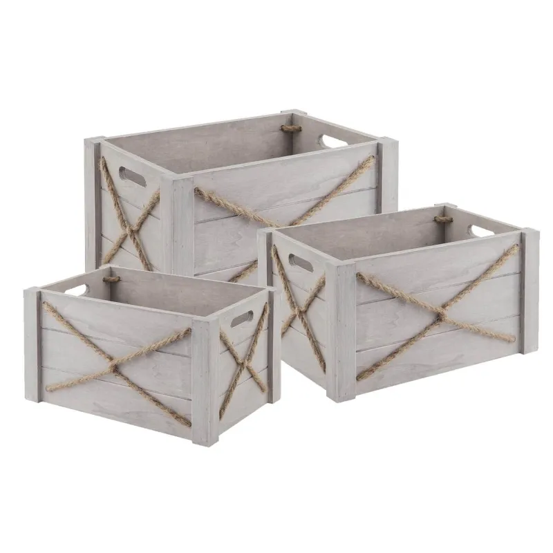 Caisse en bois patiné et corde (Lot de 3)