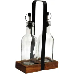 Set 2 bouteilles pour huile support en acacia