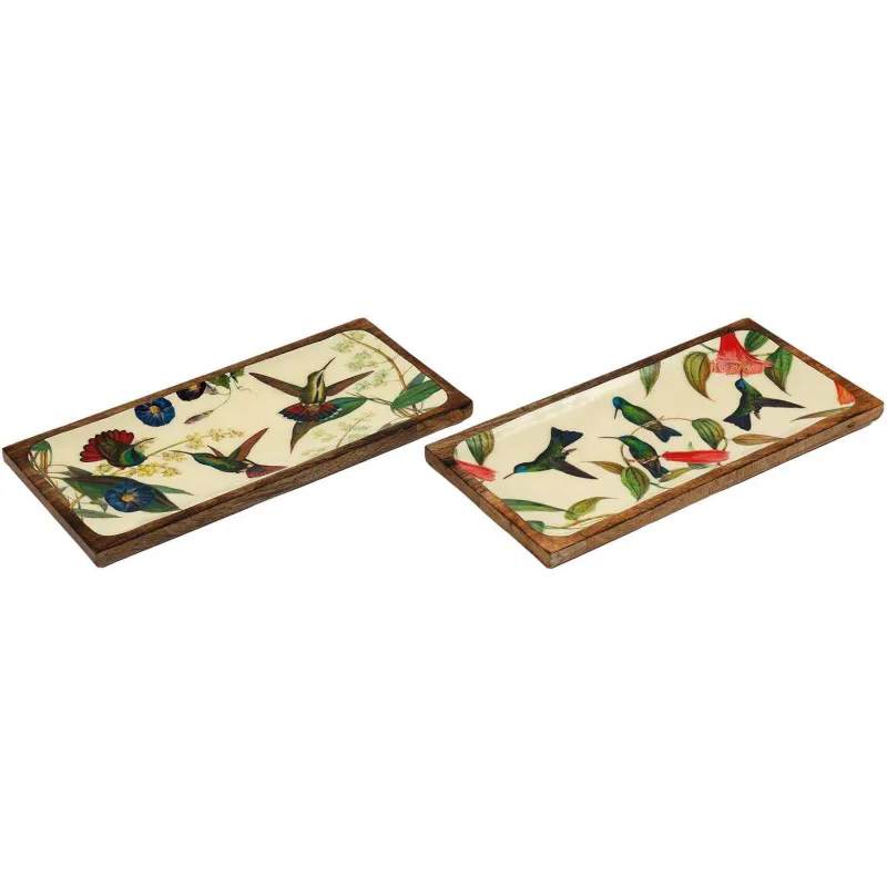 Plateau en manguier et émail Colibri 40 x 19 cm (Lot de 2)