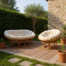Fauteuil papasan en rotin avec coussin écru