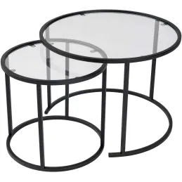 Ensemble de 2 tables gigognes rondes en métal et verre Aurum