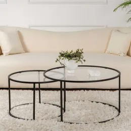 Ensemble de 2 tables gigognes rondes en métal et verre Auruma