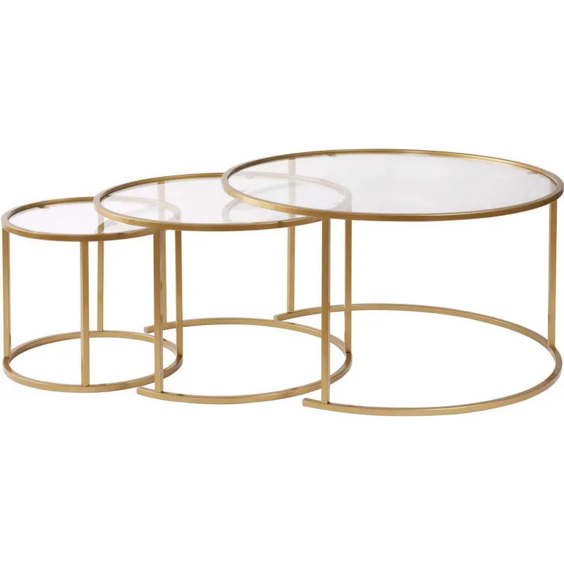 Ensemble de 3 tables gigognes rondes en métal et verre Aurum