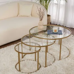 Ensemble de 3 tables gigognes rondes en métal et verre Aurum