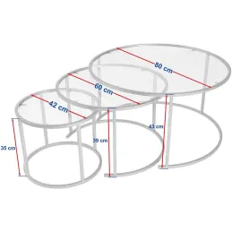 Ensemble de 3 tables gigognes rondes en métal et verre Aurum