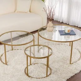Ensemble de 3 tables gigognes rondes en métal et verre Aurum
