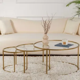 Ensemble de 3 tables gigognes rondes en métal et verre Aurum