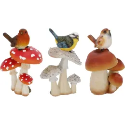 Champignons assortis avec oiseau en polyrésine (Lot de 3)