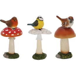 Champignons assortis avec oiseau en polyrésine (Lot de 3)