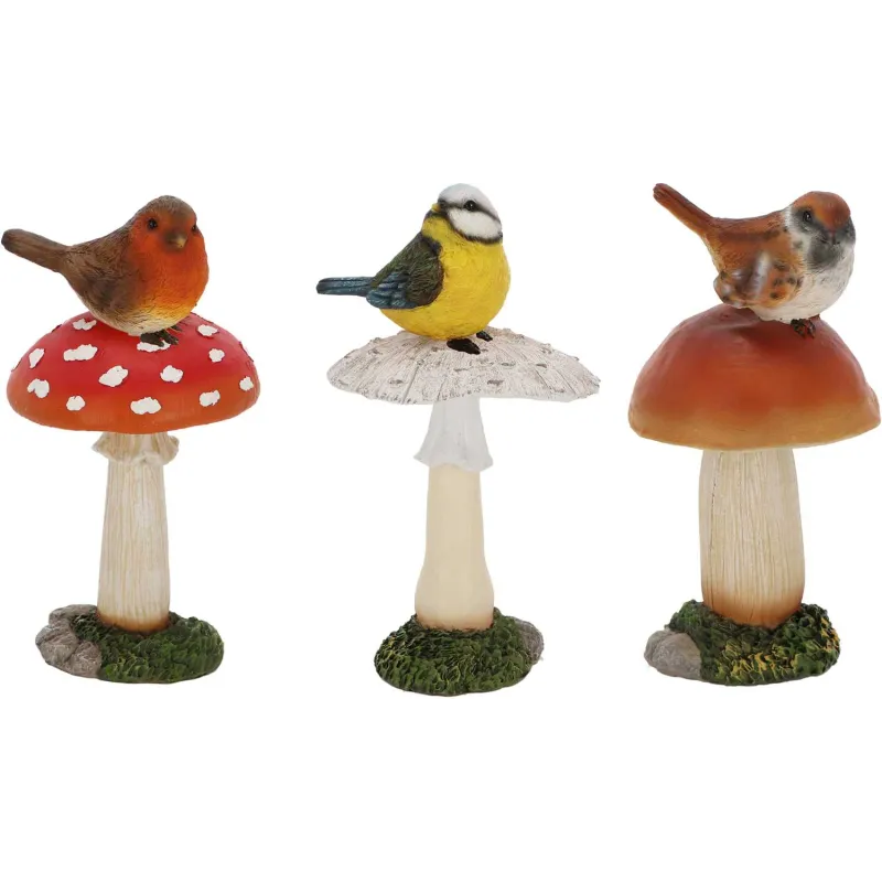Champignons assortis avec oiseau en polyrésine (Lot de 3)