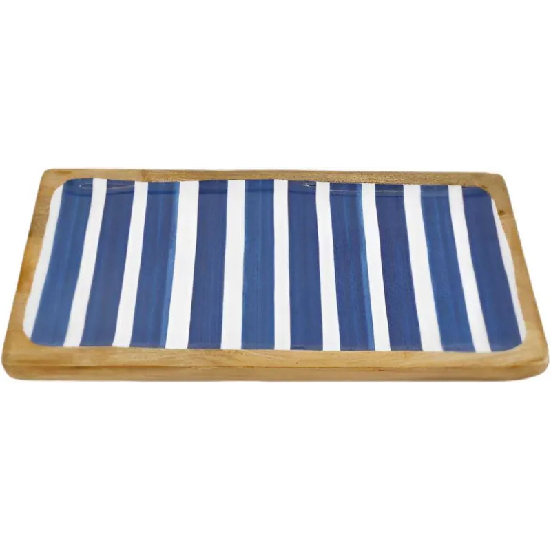 Plateau en manguier et émail Rayures bleues