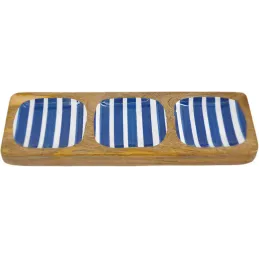 Plateau en manguier et émail Rayures bleues