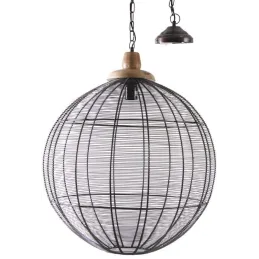 Lampe suspension en métal laqué gris et bois