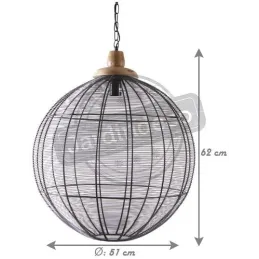 Lampe suspension en métal laqué gris et bois