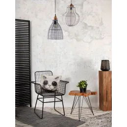 Lampe suspension en métal gris antique et bois