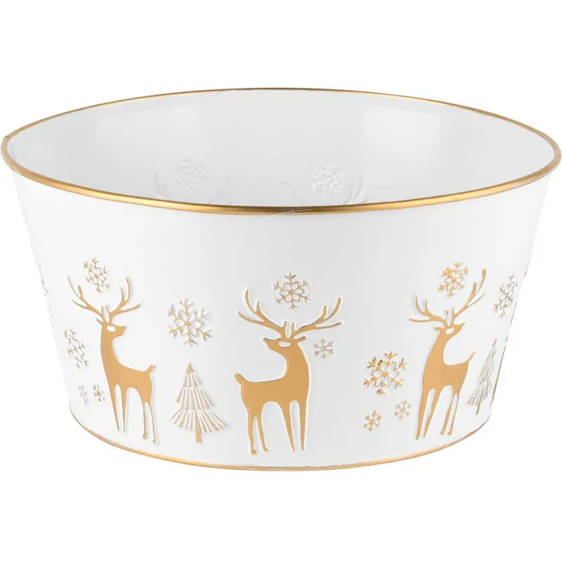 Cache-pot ovale en métal blanc et doré Snow Deer 21 x 17 x 11 cm