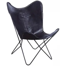Fauteuil papillon en métal et cuir de buffle noir