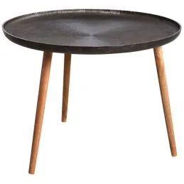 Table ronde métal zinc antique et bois