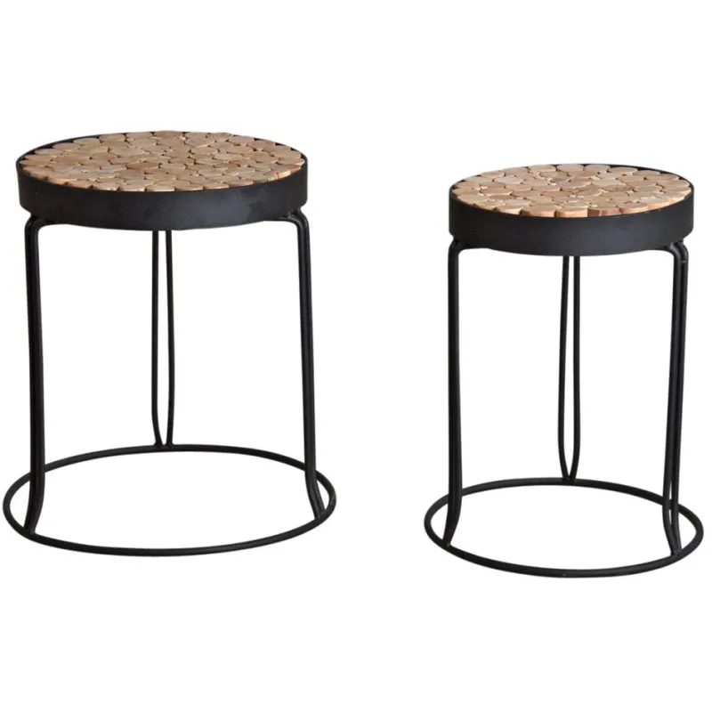 Sellettes rondes en métal et sapin (Lot de 2)