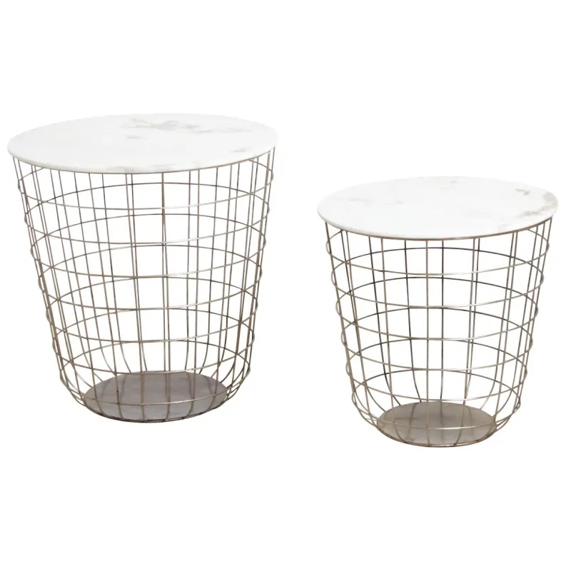 Tables en métal doré antique et marbre (Lot de 2)