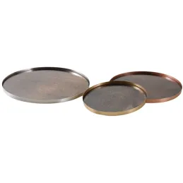 Plateaux ronds en métal patiné et verre (Lot de 3)