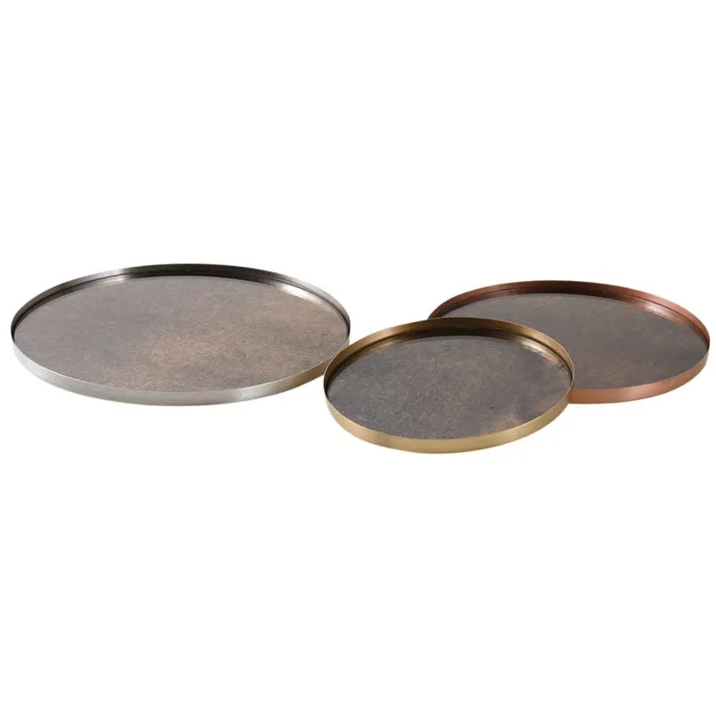 Plateaux ronds en métal patiné et verre (Lot de 3)